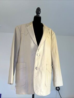 Cream Leather Blazer with Patch Pocket Detail
